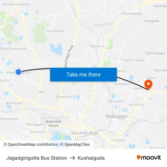 Jagadgirigutta Bus Station to Kushaiguda map