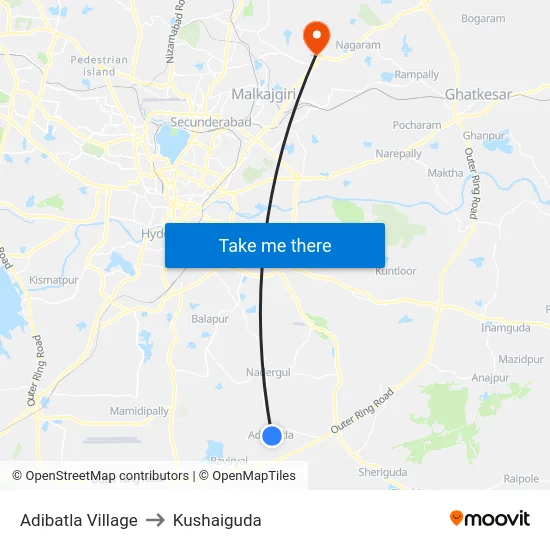 Adibatla Village to Kushaiguda map