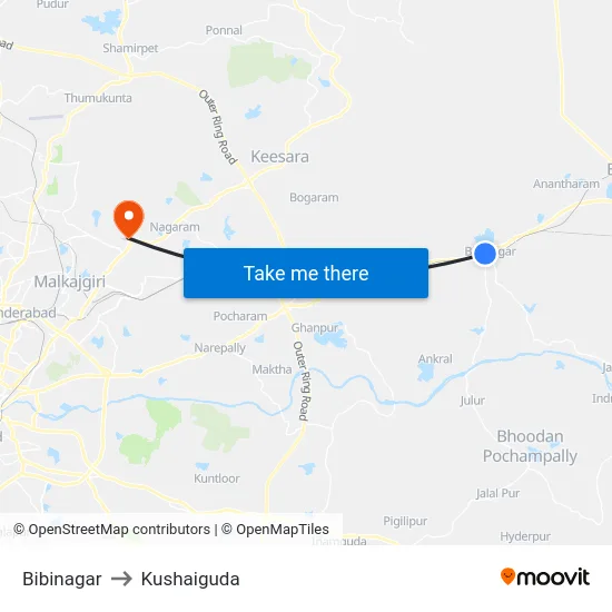 Bibinagar to Kushaiguda map