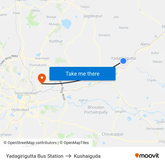 Yadagirigutta Bus Station to Kushaiguda map
