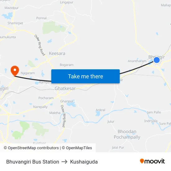 Bhuvangiri Bus Station to Kushaiguda map