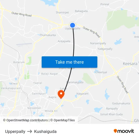 Upperpally to Kushaiguda map