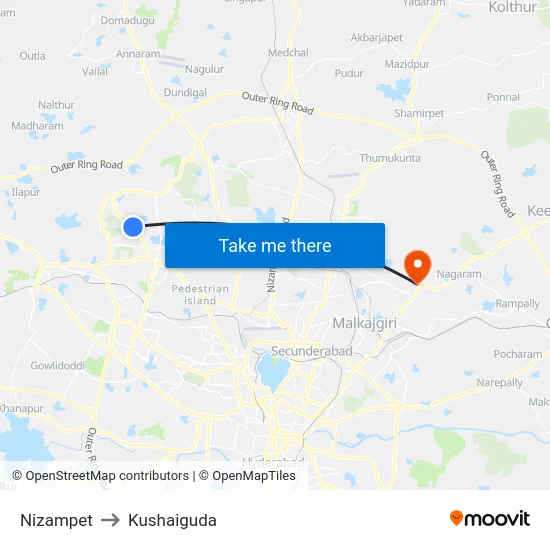 Nizampet to Kushaiguda map