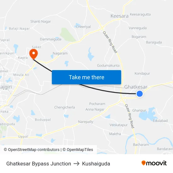 Ghatkesar Bypass Junction to Kushaiguda map
