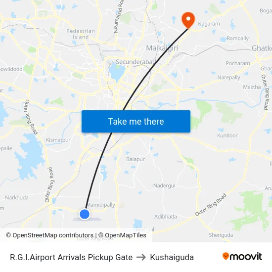 R.G.I.Airport Arrivals Pickup Gate to Kushaiguda map