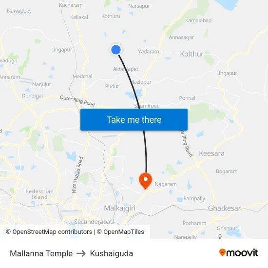 Mallanna Temple to Kushaiguda map