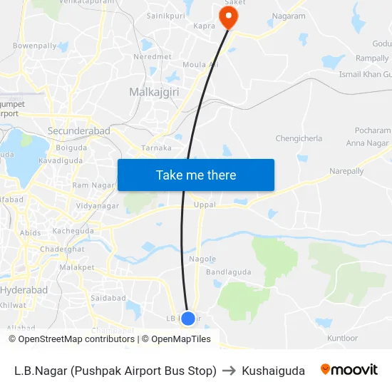 L.B.Nagar (Pushpak Airport Bus Stop) to Kushaiguda map