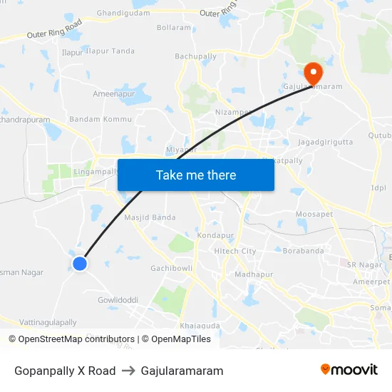 Gopanpally X Road to Gajularamaram map