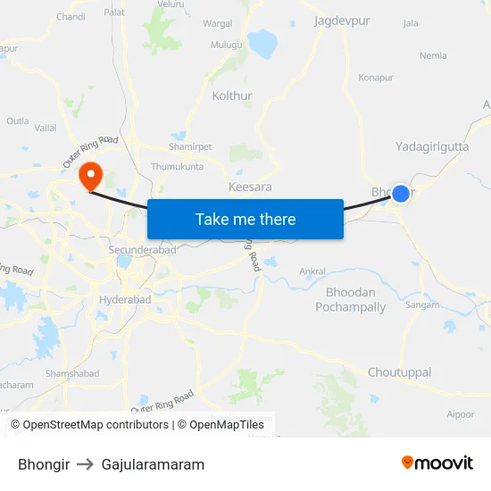 Bhongir to Gajularamaram map