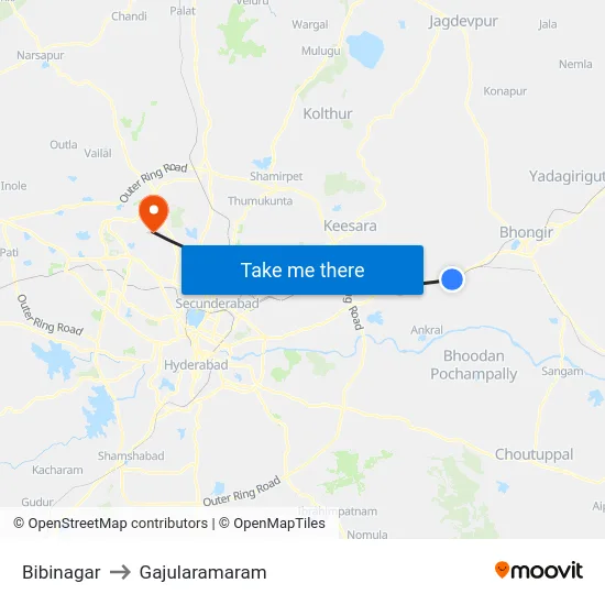 Bibinagar to Gajularamaram map