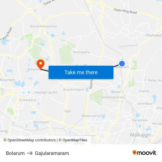 Bolarum to Gajularamaram map