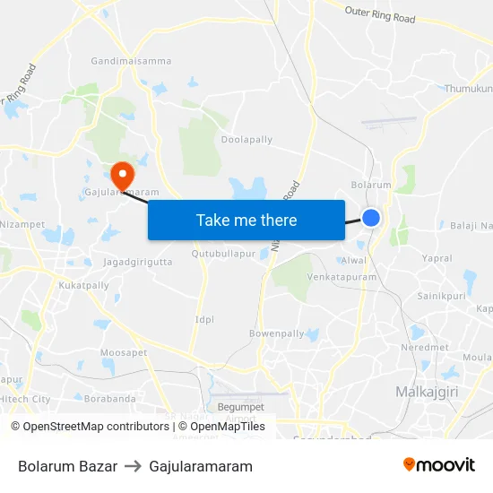 Bolarum Bazar to Gajularamaram map