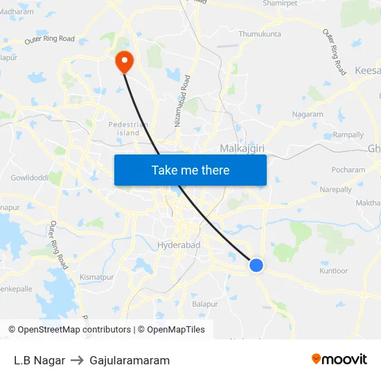 L.B Nagar to Gajularamaram map
