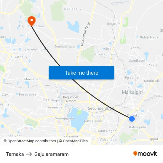 Tarnaka to Gajularamaram map