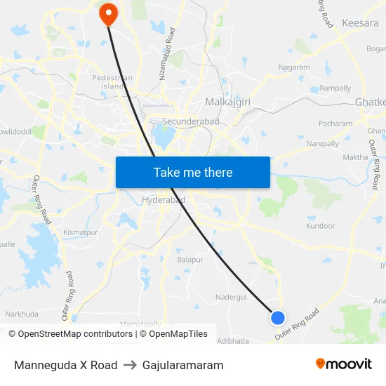Manneguda X Road to Gajularamaram map