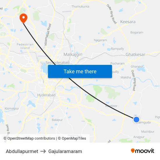 Abdullapurmet to Gajularamaram map