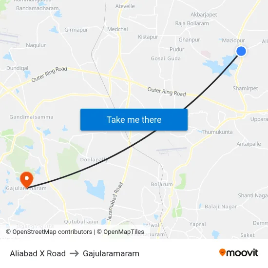 Aliabad X Road to Gajularamaram map