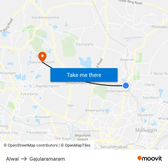 Alwal to Gajularamaram map