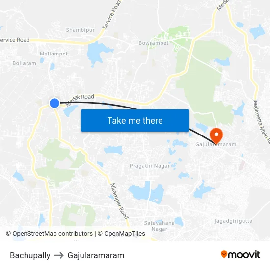 Bachupally to Gajularamaram map