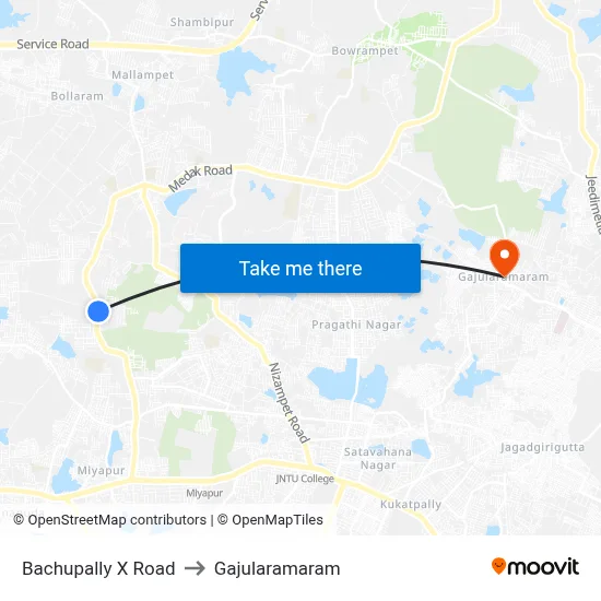 Bachupally X Road to Gajularamaram map