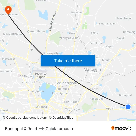 Boduppal X Road to Gajularamaram map