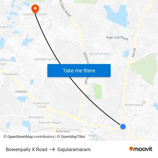 Bowenpally X Road to Gajularamaram map