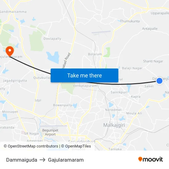Dammaiguda to Gajularamaram map