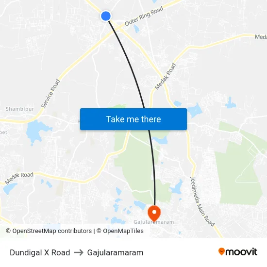 Dundigal X Road to Gajularamaram map