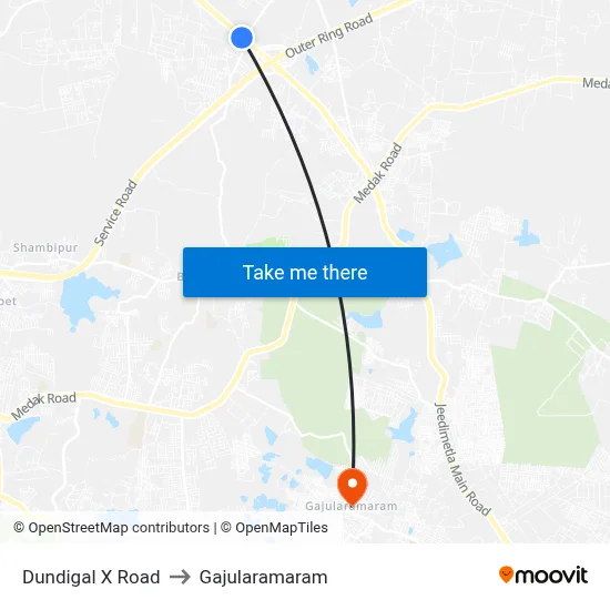 Dundigal X Road to Gajularamaram map