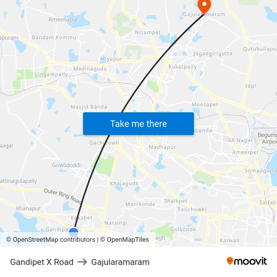 Gandipet X Road to Gajularamaram map