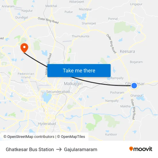 Ghatkesar Bus Station to Gajularamaram map