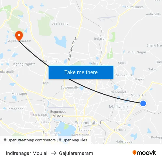 Indiranagar Moulali to Gajularamaram map
