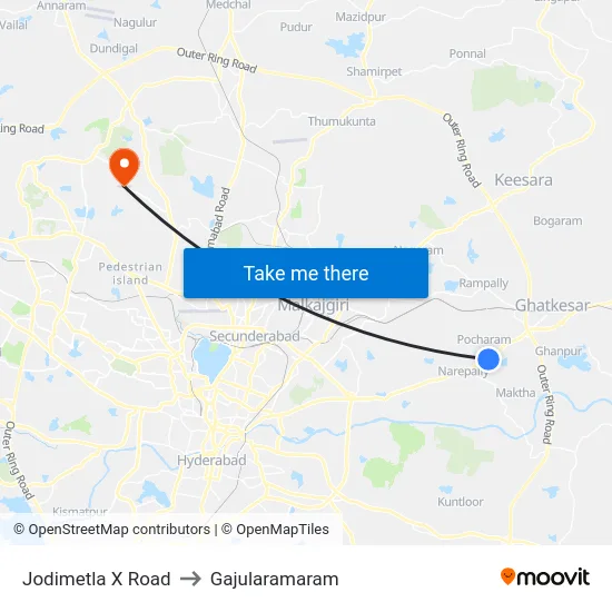 Jodimetla X Road to Gajularamaram map