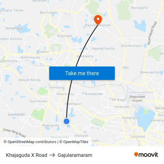 Khajaguda X Road to Gajularamaram map