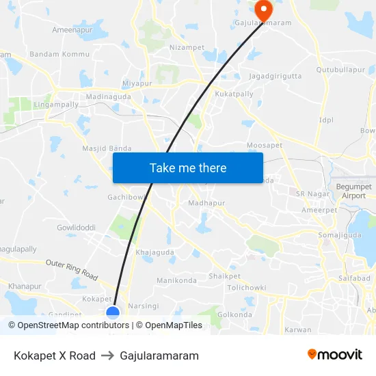 Kokapet X Road to Gajularamaram map