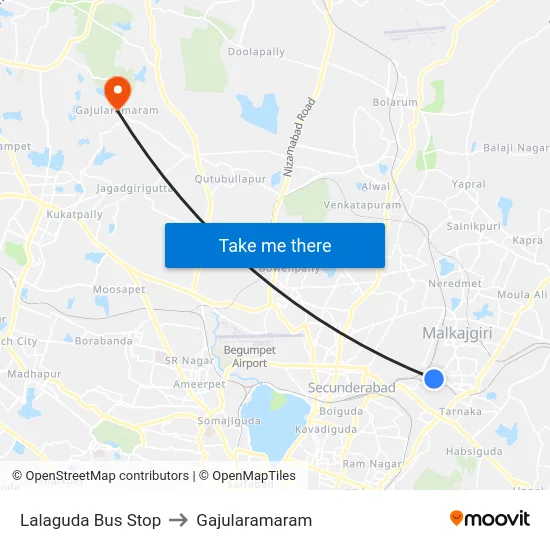 Lalaguda Bus Stop to Gajularamaram map