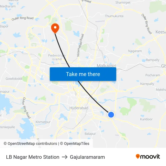 LB Nagar Metro Station to Gajularamaram map