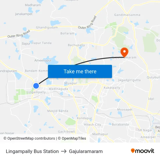 Lingampally Bus Station to Gajularamaram map