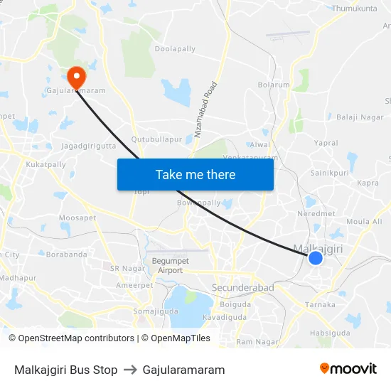 Malkajgiri Bus Stop to Gajularamaram map