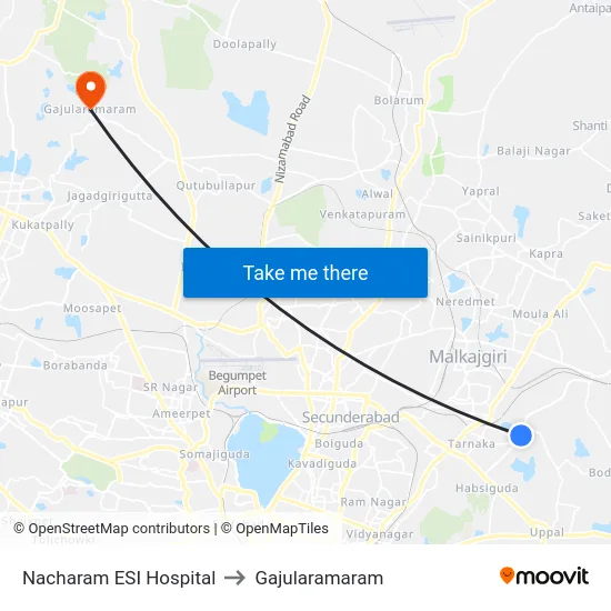 Nacharam ESI Hospital to Gajularamaram map