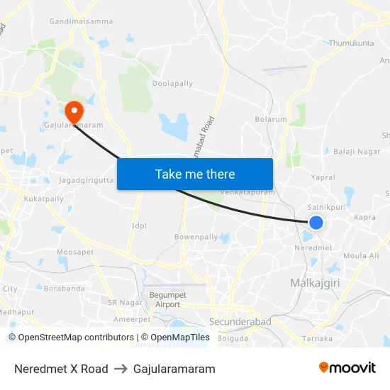 Neredmet X Road to Gajularamaram map