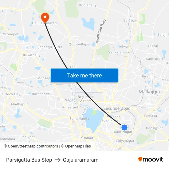 Parsigutta Bus Stop to Gajularamaram map