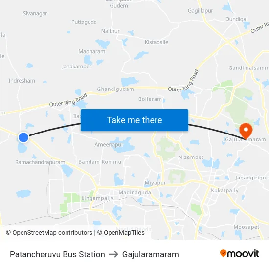 Patancheruvu Bus Station to Gajularamaram map