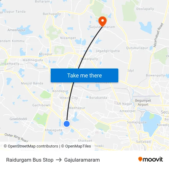 Raidurgam Bus Stop to Gajularamaram map