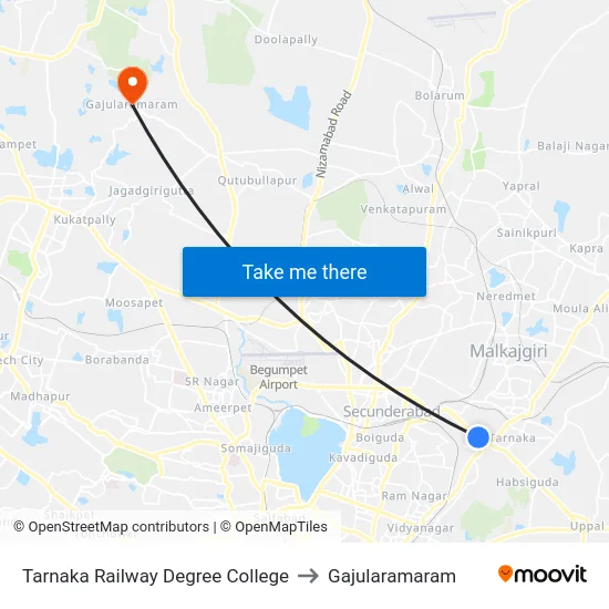 Tarnaka Railway Degree College to Gajularamaram map