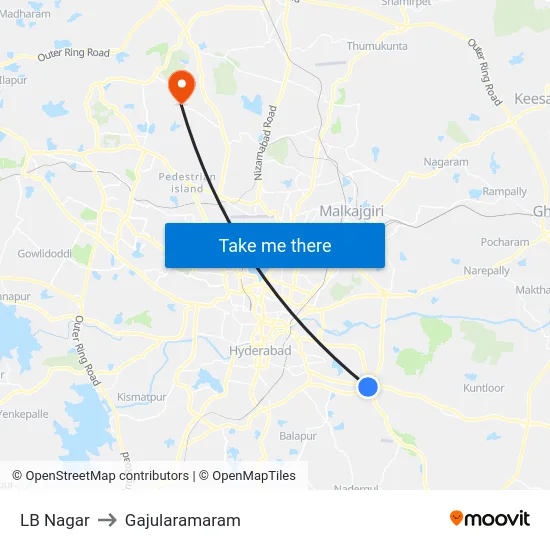 LB Nagar to Gajularamaram map