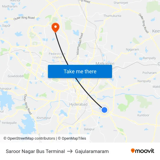 Saroor Nagar Bus Terminal to Gajularamaram map