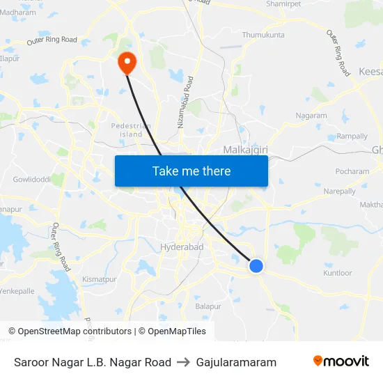 Saroor Nagar L.B. Nagar Road to Gajularamaram map