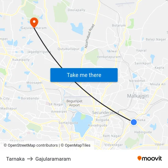 Tarnaka to Gajularamaram map