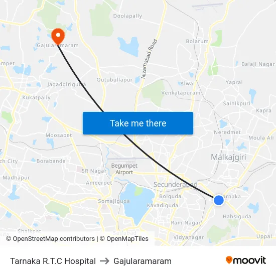 Tarnaka R.T.C Hospital to Gajularamaram map